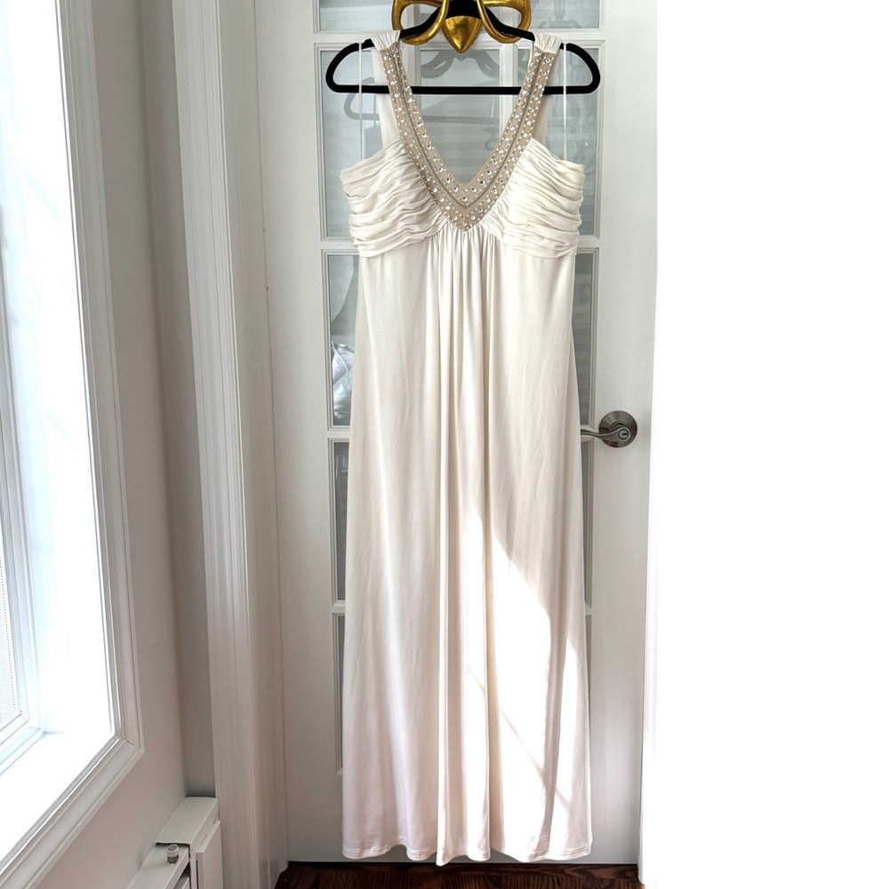 JS Boutique white maxi draped Dress with beaded accents. Sz 14